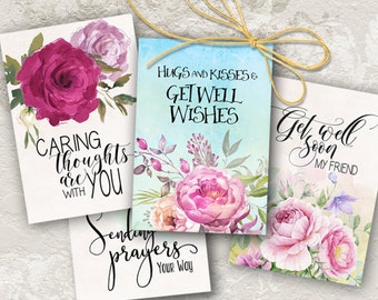 Printable GET WELL CARDS No.1 digital download 3.5"x5" size images hand-painted flowers typography art for print-it-yourself designed cards