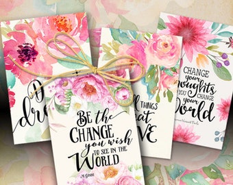 Printable MOTIVATIONAL GREETING CARDS No.3 digital download 3.5"x5" size images hand-painted flowers typography art for decoration and craft