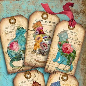 Printable Gift Tags SHABBY CHIC CATS Vintage Style Digital Collage Sheet, Victorian roses, Downloadable graphics for greeting cards. ArtCult