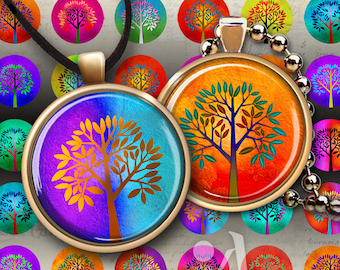 1 inch (25mm) + 20 mm size circle images GLOWING TREES printable download Digital Collage Sheet for pendants bottlecaps bezel trays Art Cult