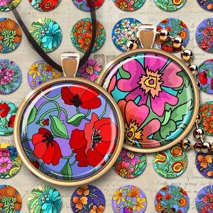 Printable Download 1&quot; (25mm) + 1.5&quot; (38 mm) FLOWER GARDEN Circle Images Digital Collage Sheet for pendants bottle-caps, magnets, bezel trays