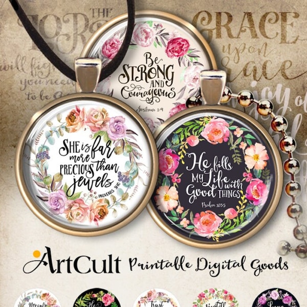 1 + 1.2 + 1.5 inch (25, 30, 38 mm) size Printable download BIBLE VERSES set #1 circle images for round pendants, cabochons, magnets, ArtCult