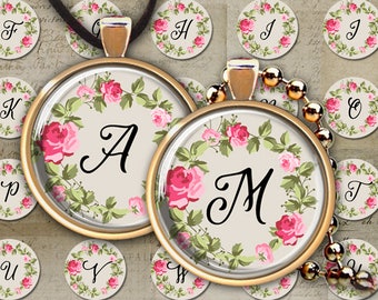 1 + 1.5 inch (25 mm + 38 mm) size images FLORAL MONOGRAM INITIALS Printable Digital Download for glass or resin pendants magnets bottle caps