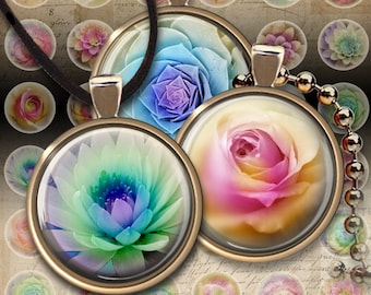 Printable 1" (25mm) and 1.5" size Circle Images for pendants DREAMY FLOWERS Digital Download Collage Sheet for cabochons, jewelry and craft