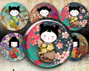 2.5 inch Circles Printable Download CHIYOGAMI WASHI DOLLS Digital Collage Sheet Kokeshi images for Pocket Mirrors cupcake toppers magnets