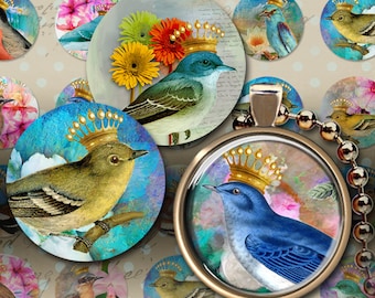 1 inch (25mm) size circle images CROWNED BIRDS Digital Collage Sheet Printable Download for pendants, magnets, bottle caps, bezel settings