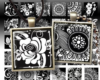 Printable 1x1 inch Images BLACK AND WHITE Squares Digital Collage Sheet for pendants magnets downloadable scrapbooking clip art by ArtCult