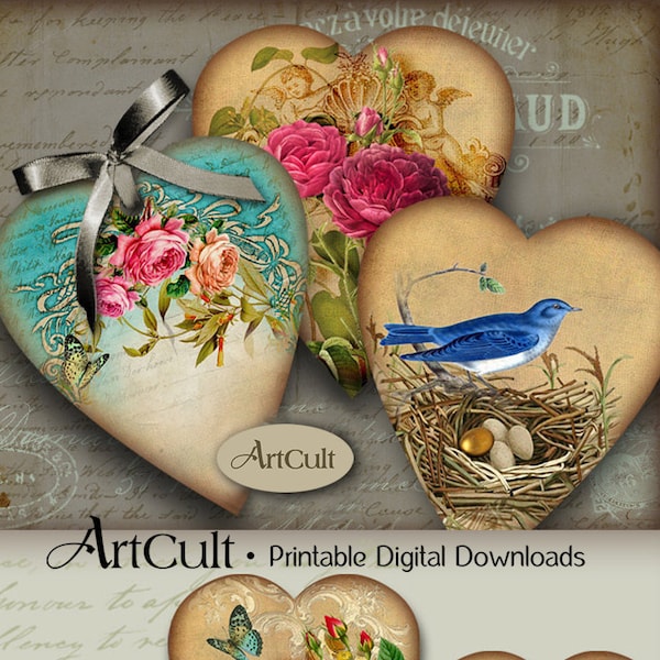 Printable download HEART GIFT TAGS No3. Digital Collage Sheet Valentine Images, Jewelry Holders, Vintage Paper Craft scrapbooking by ArtCult