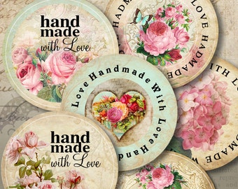 Printable Download HANDMADE WITH LOVE Digital Collage Sheets 1.5 and 2 inch size round labels, stickers, ArtCult paper craft graphics