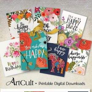Stampabili HAPPY TAGS Download digitali di dimensioni 2,5" x 3,5", citazioni ispiratrici, biglietti regalo di auguri, scrapbooking, journaling Disegni ArtCult