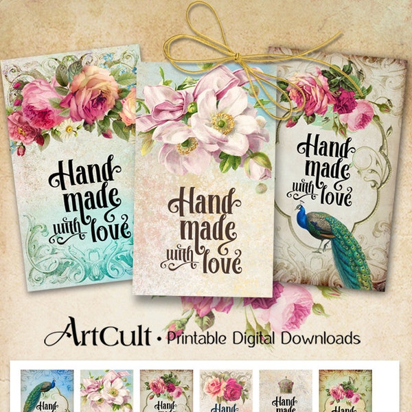 Druckbare Download "HANDMADE WITH LOVE" Business Etiketten für Ihren Shop digitale collage Blatt Vintage-Stil schäbige schicke Stichworte ArtCult designes