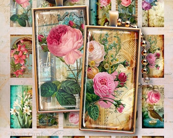 Romantic Domino Images, 1x2 inch, Floral Collage Sheet (Digital Download)