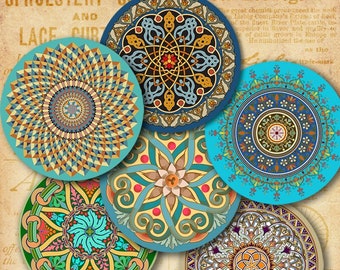 Images imprimables de mandalas orientaux à téléchargement de 2,5 pouces, feuille de collage numérique pour miroirs de poche, aimants, presse-papiers, décorations de cupcakes