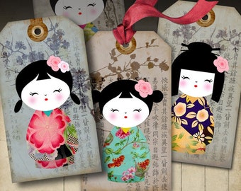 Printable Download KOKESHI GIFT TAGS traditional Japanese dolls Digital Collage Sheet for party, washi paper, jewelry holders,  by ArtCult