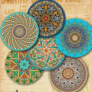 Afdrukbare 2,5 inch Download OOSTERSE MANDALAS-afbeeldingen, digitaal collageblad voor zakspiegels, magneten, presse-papiers, cupcake-toppers