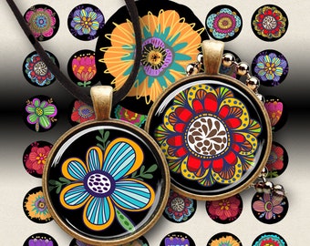 Happy Flowers Printable Circle Images, Art Pendants (Digital Download)