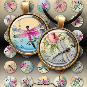 Cercles de 1 po. (25 mm) et 1,5 po. libellules feuille de collage numérique images imprimables pour pendentifs lunette cabochons en verre aimants