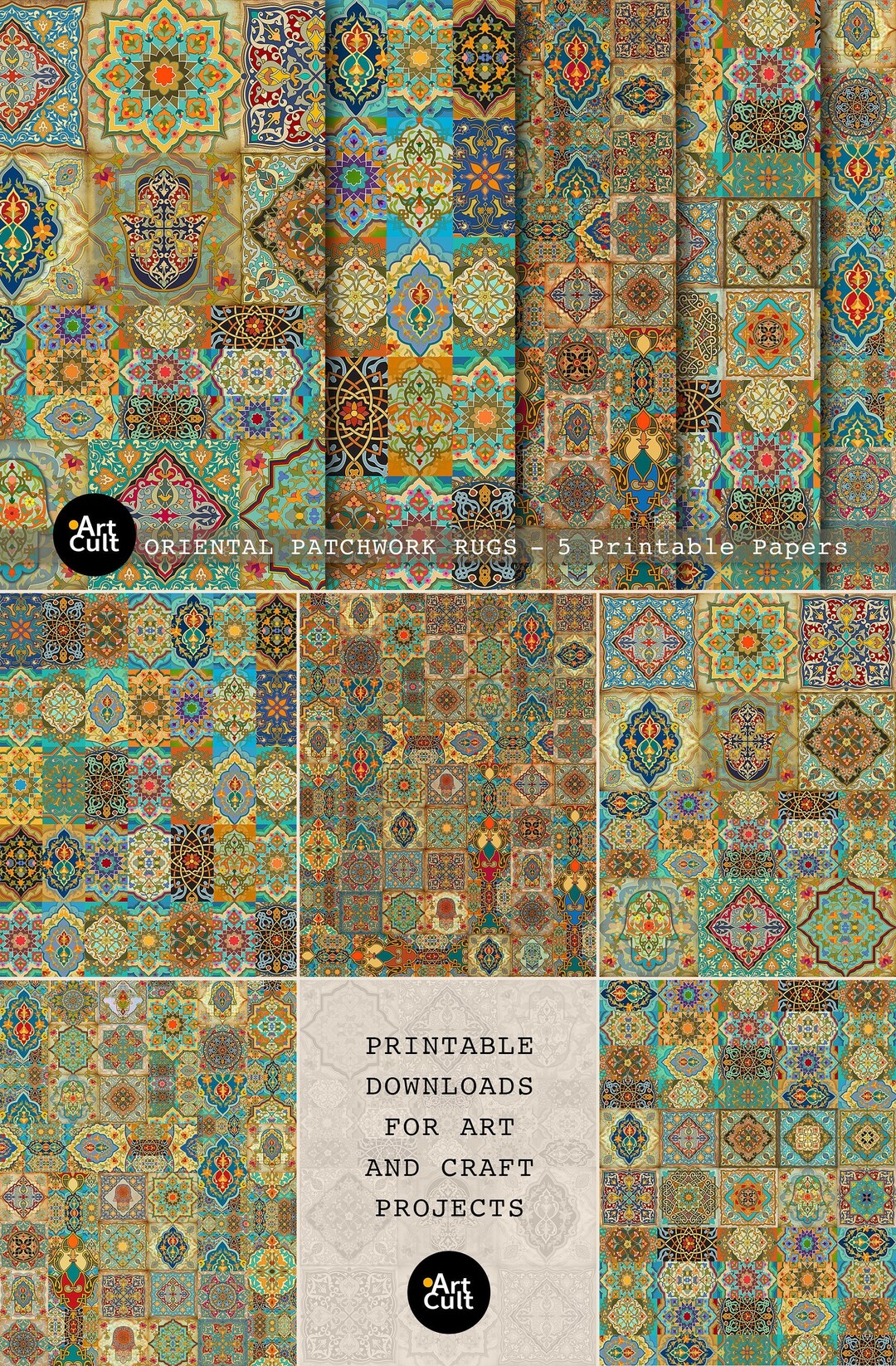 Printable Digital Papers ORIENTAL PATCHWORK RUG 5 Large Sheets - Etsy