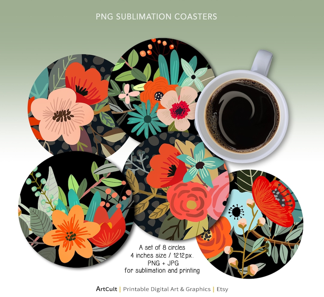 4 Printable Circle Coasters, 8 Designs, Sublimation PNG Jpg Instant