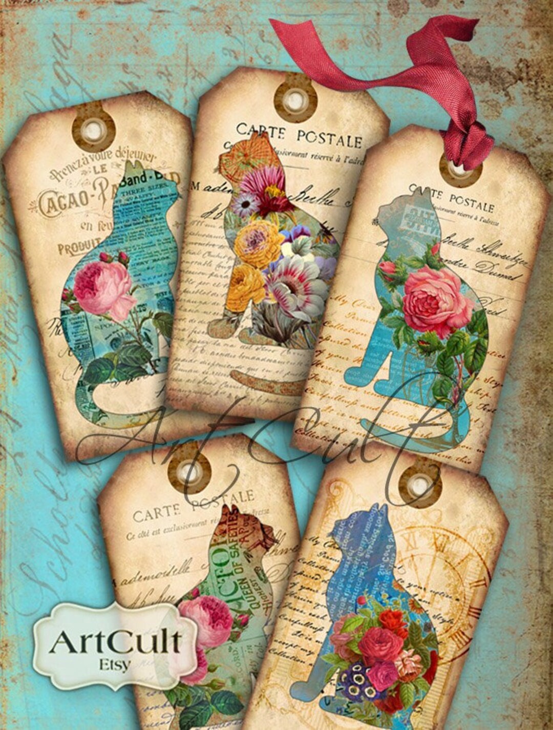 Printable Gift Tags SHABBY CHIC CATS Vintage Style Digital Collage ...