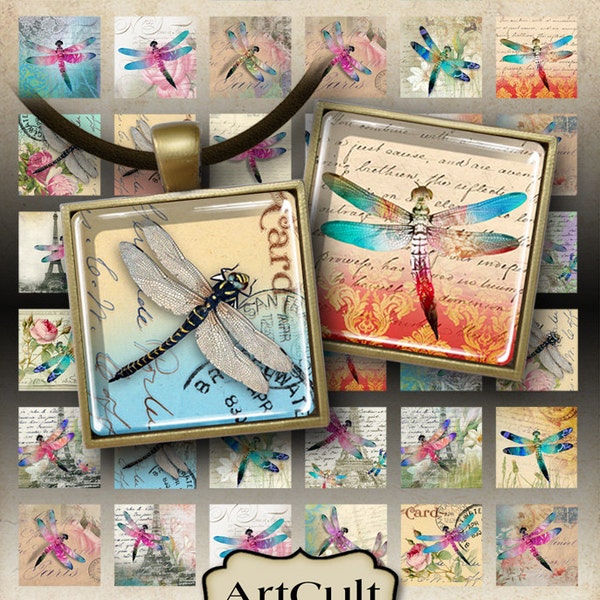 Printable Clip Art download DRAGONFLIES Digital Collage Sheet 1x1 inch and 7/8x7/8 inch size images for pendants magnets bezel settings