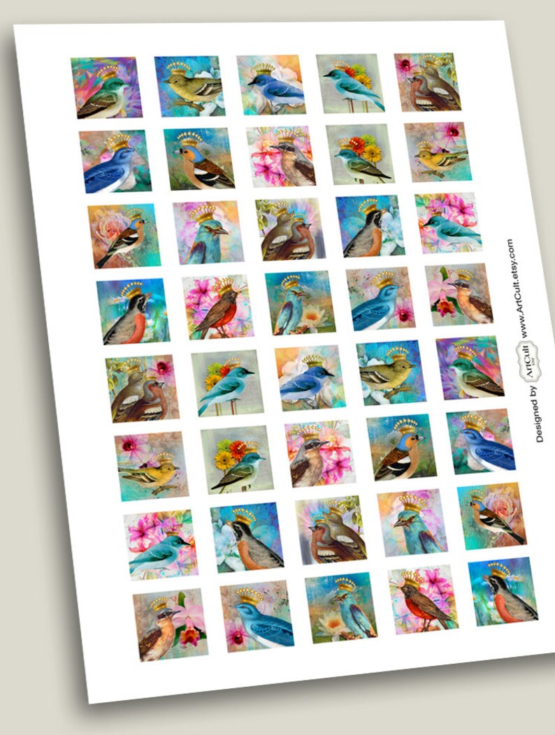 Printable 1x1 Inch Size Images CROWNED BIRDS Instant Download | Etsy