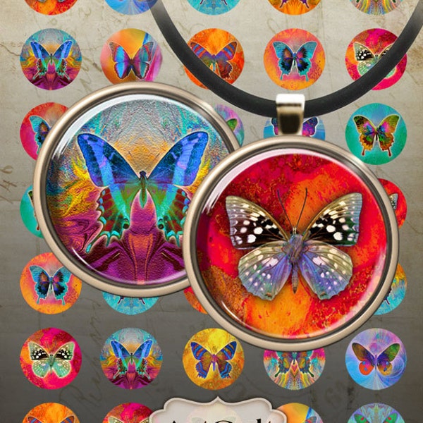 1 inch (25mm) and 1.5 inch Circles BUTTERFLIES Digital Collage Sheet Art Cult Printable images for pendants magnets bottle caps bezel trays