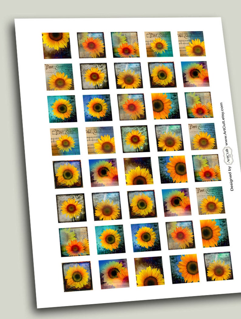 1x1 inch 25x25 mm and 7/8x7/8 inch images SUNFLOWERS Digital Collage Sheet Printable downloads for square pendants bezel trays and magnets image 2
