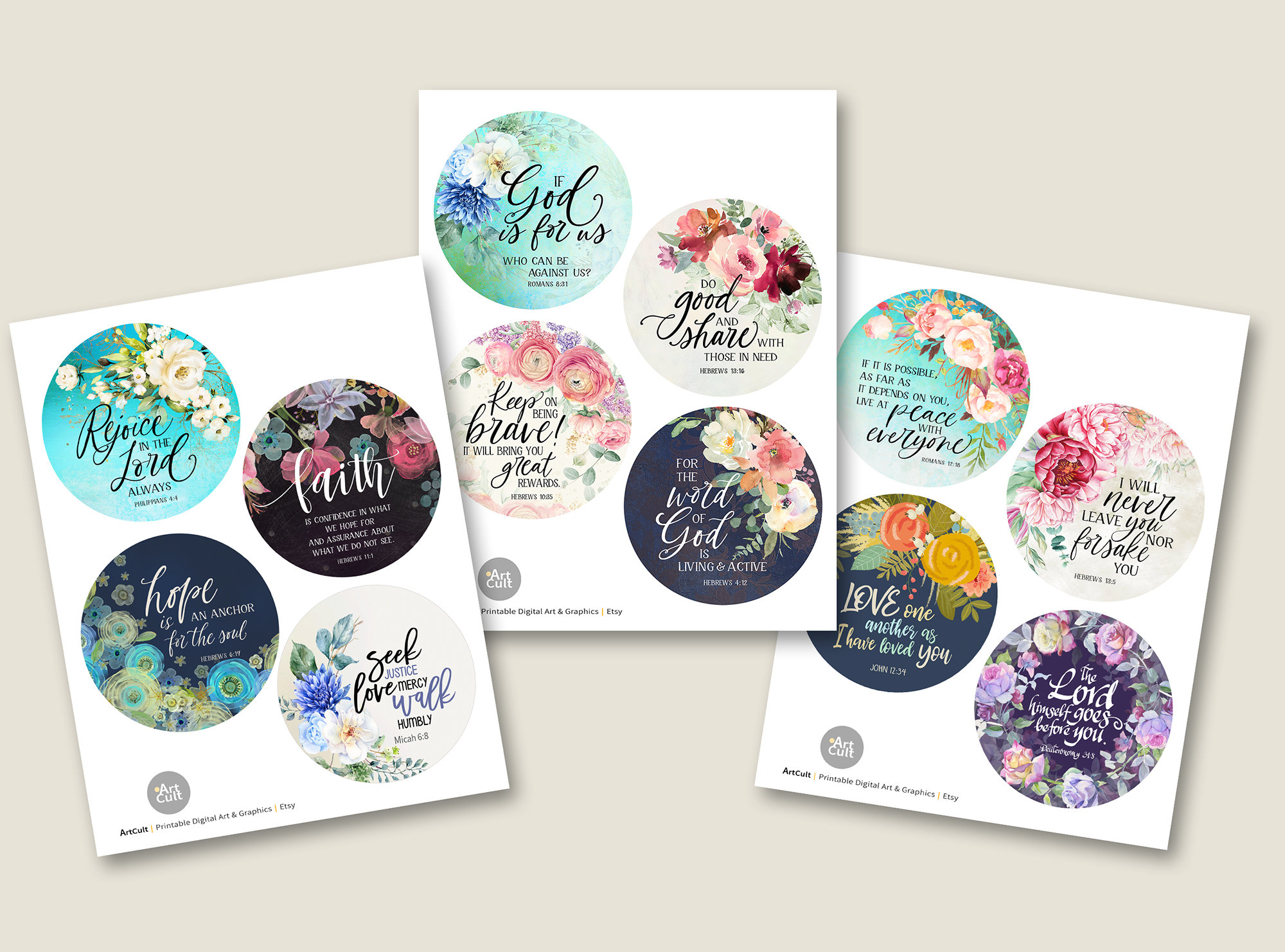 Floral Bible Verse Circles, Printable Christian Craft Images (digital ...