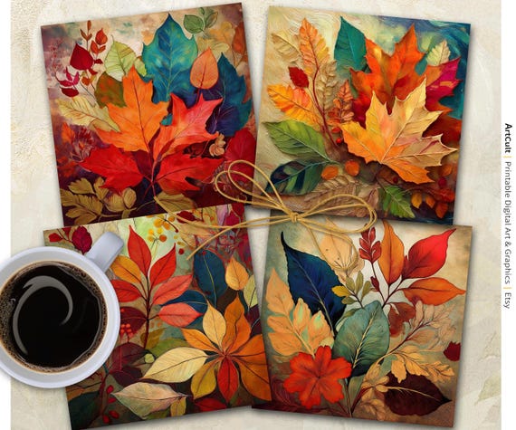 Autumn Leaves Printable, Coaster or Magnet Design 4x4" PNG (Digital Download)