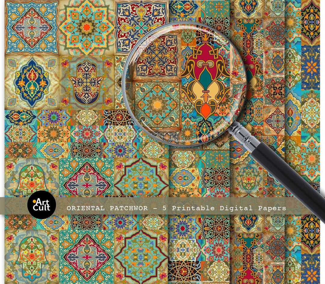 Printable Digital Papers ORIENTAL PATCHWORK 5 Large Sheets for Craft ...