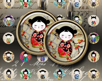 12 mm, 15 mm and 20 mm size images KOKESHI DOLLS Printable Digital Sheets for pendants bracelets earrings bezel settings rings cufflinks