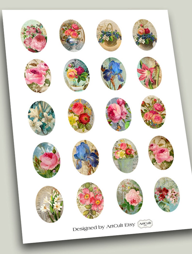 Oval 30x40 mm Images AGED FLOWER OVALS Digital Collage Sheet Printable Download for pendants magnets craft projects bezel settings, ArtCult image 2