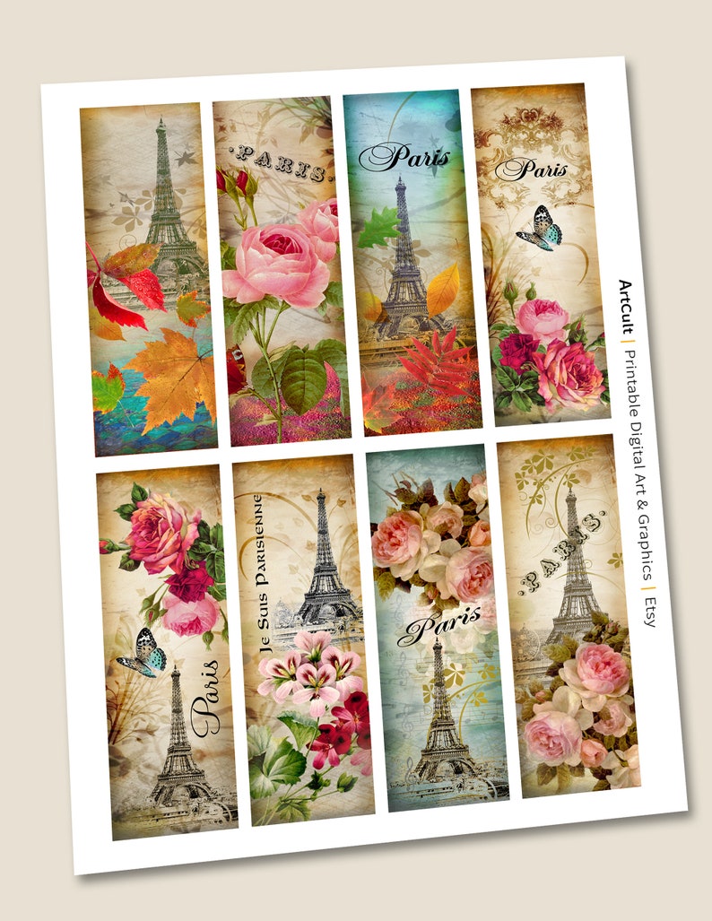 Printable Bookmarks Instant Digital Download PARIS for gift tags, jewelry holders, scrapbooking, sublimation PNG JPG formats. By ArtCult image 2