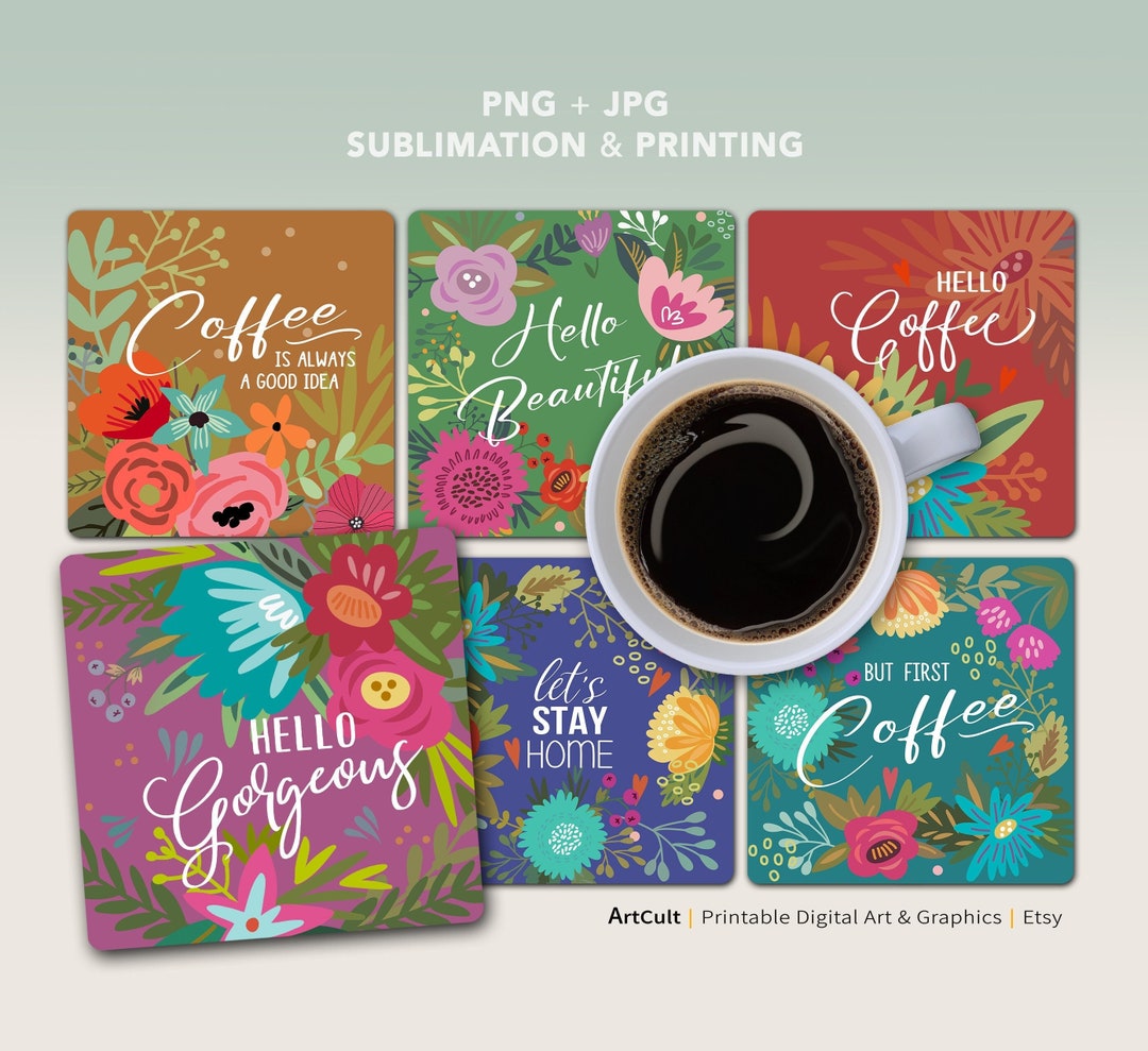 4x4" Printable Coasters, 8 Designs, Sublimation PNG + JPEG Instant