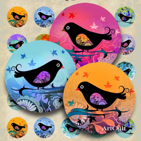 1 inch (25mm) and 1.5 inch circle images BIRDIE Digital Collage Sheet for pendants bottlecaps bezel tray settings magnets Art Cult downloads