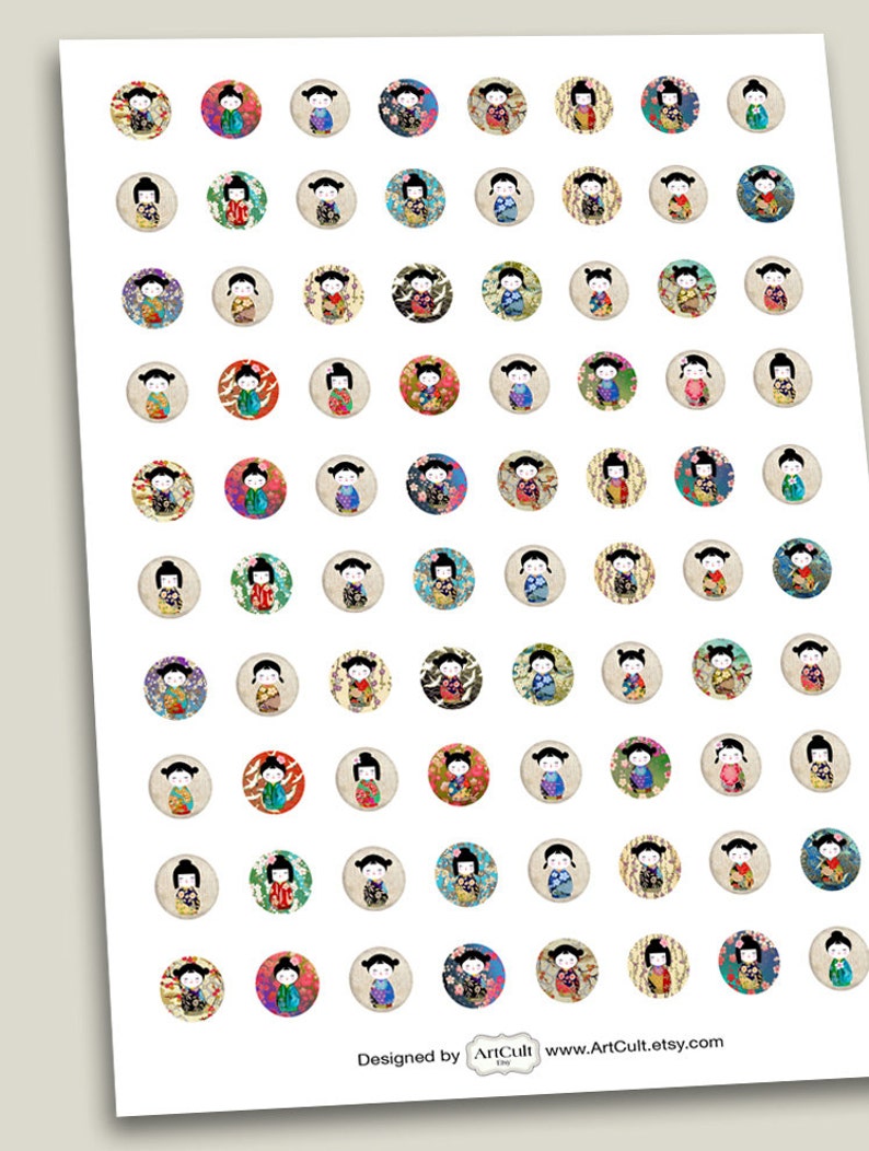 12 mm, 15 mm and 20 mm size images KOKESHI DOLLS Printable Digital Sheets for pendants bracelets earrings bezel settings rings cufflinks image 2