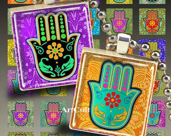 Digital Collage Sheets HAMSA LUCKY AMULET 1x1 inch and 7/8x7/8 inch size Printable images for square pendants scrabble tiles bezel settings