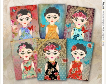 Téléchargements imprimables Motifs LITTLE FRIDA 2,5 x 3,5 et 17 x 17 pouces pour cartes de voeux, étiquettes volantes, scrapbooking, fête, cadeaux et plus encore. ArtCult