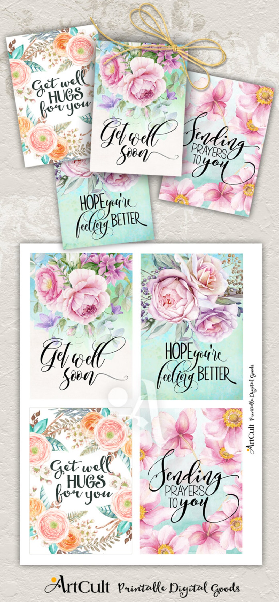 Printable GET WELL CARDS No.2 Digital Download 3.5x5 Size Images, Hand ...