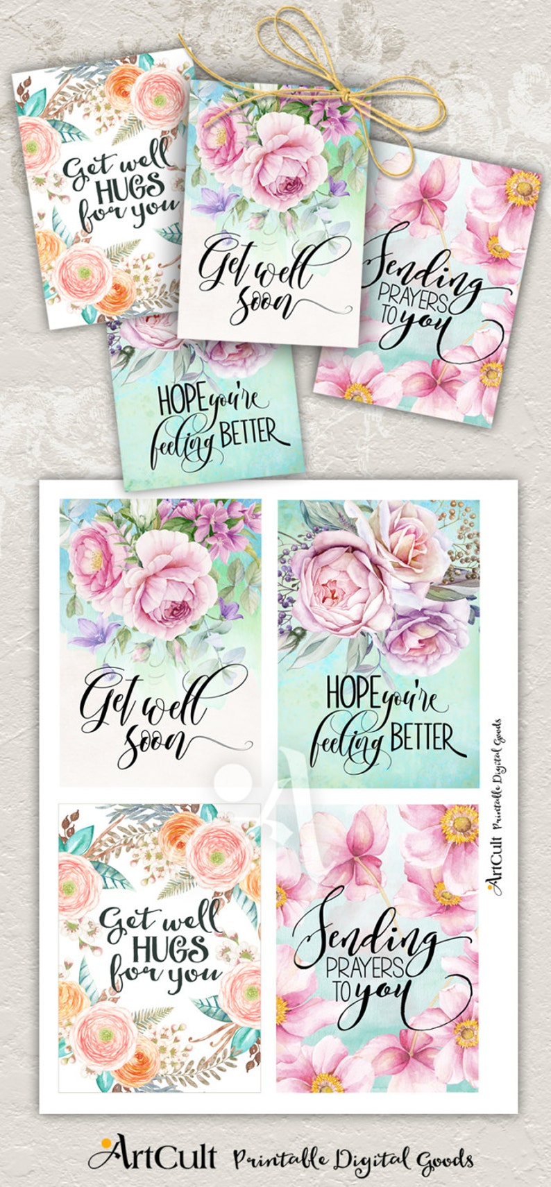 Printable GET WELL CARDS No.2 digital download 3.5x5 size images, hand-painted flowers, typography art, downloadable cards ArtCult designs 画像 1