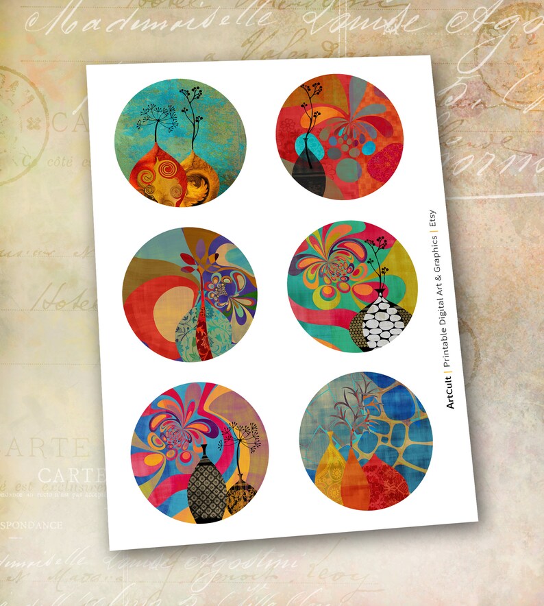 Printable 3 Inch Circles COLORFUL RETRO GRAPHICS Instant - Etsy
