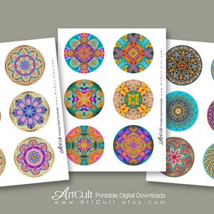 3 size circle Images Printable download VARIOUS COLORFUL MANDALAS collage sheets for pocket mirrors round coasters magnets cupcake toppers image 2
