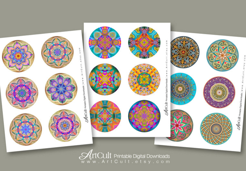 3 size circle Images Printable download VARIOUS COLORFUL MANDALAS collage sheets for pocket mirrors round coasters magnets cupcake toppers image 2