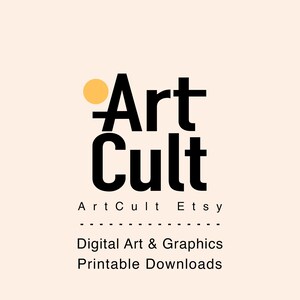 Może przedstawiać: Obraz przedstawia tekst "Art Cult" pogrubioną czcionką w kolorze czarnym, z ż&oacute;łtym okręgiem nad literą "A". Poniżej wyświetlane są teksty "Art Cult Etsy" i "Digital Art & Graphics Printable Downloads".