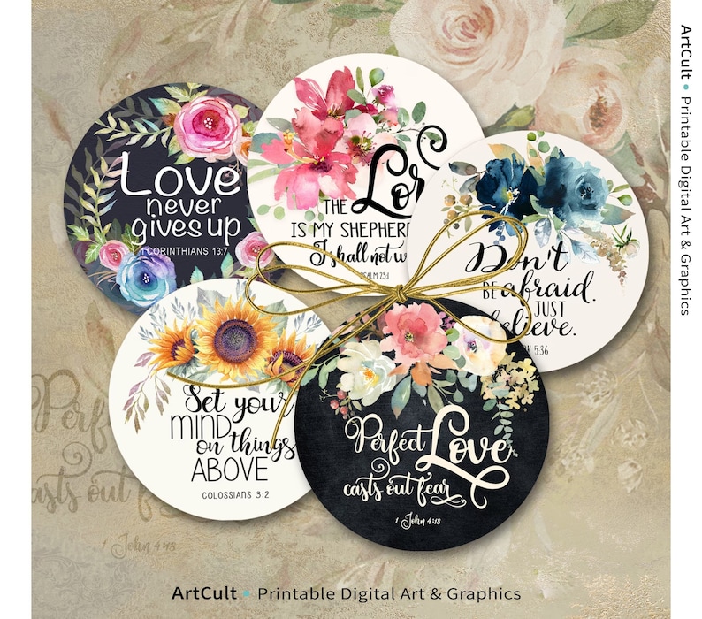 Printable 3 inch size Bible Verses circle images set 1 digital download for craft projects journaling coasters paperweights magnets PNGJPG image 1
