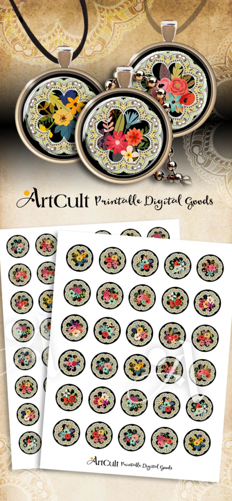 1 inch 25mm and 30 mm Circle Images FLORAL JOY Printable ...