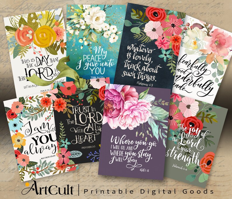 Printable BIBLE VERSES TAGS Scripture Art, Eight 2.5x3.5 size Cards, digital collage sheets, instant download, Set No.7, ArtCult designs image 1