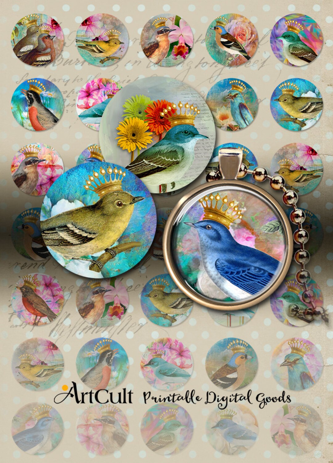 1 Inch 25mm Size Circle Images CROWNED BIRDS Digital Collage Sheet ...