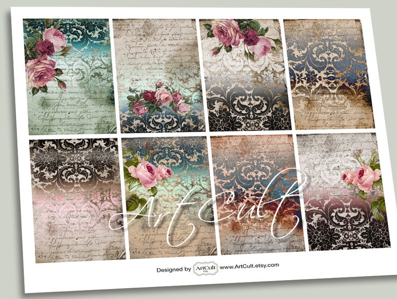 Printable Download VICTORIAN DAMASK Gift Tags Digital Collage Sheet Jewelry holders craft paper Greeting cards Shabby Labels Art Cult
